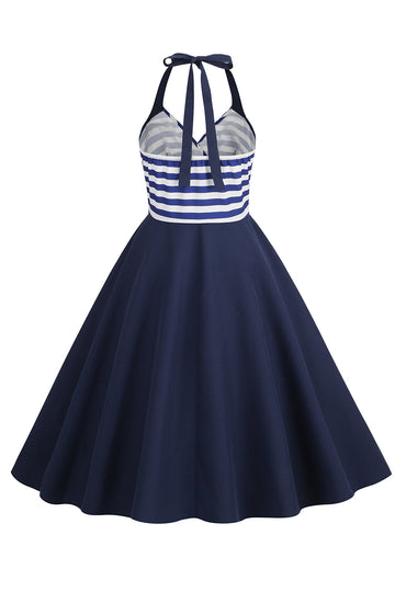 Halter Rayas Azul Vestido Retro Con Bolsillos